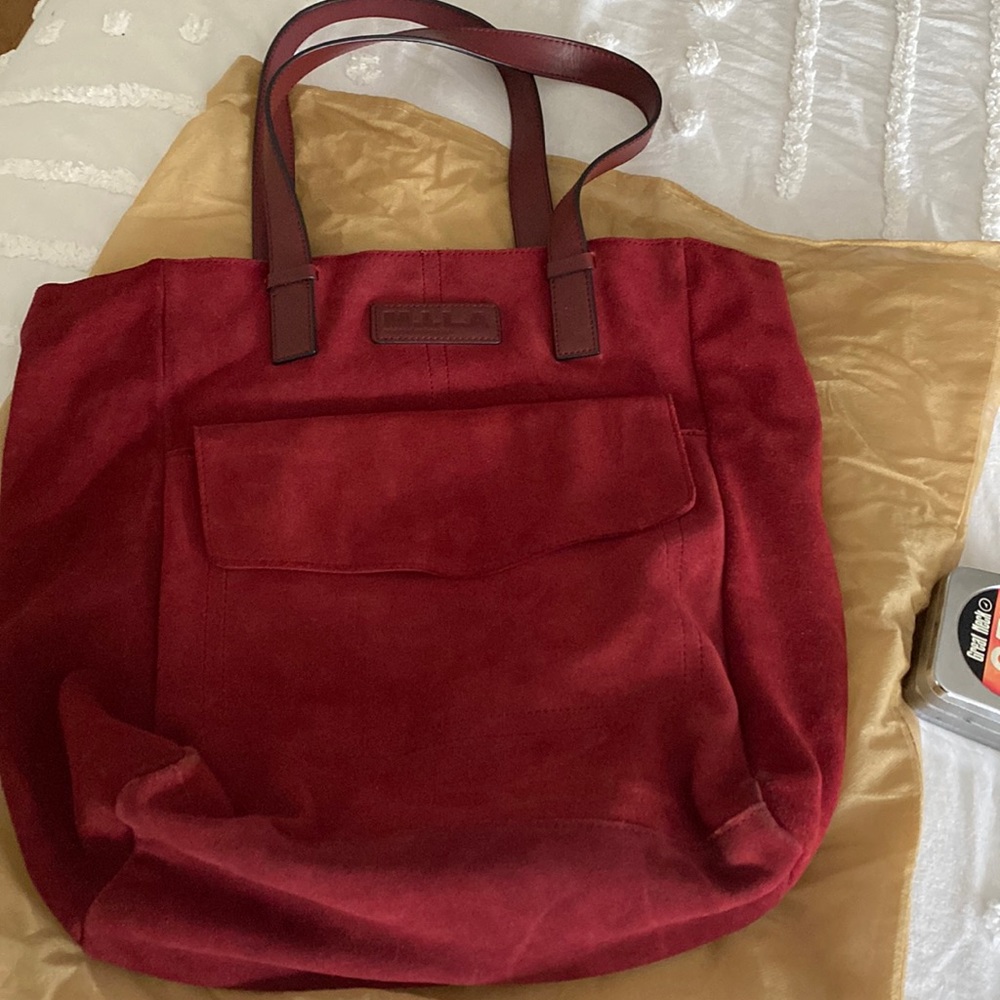 MILA burgundy suede tote.  Small tear near handle-pricing reflects flaw.